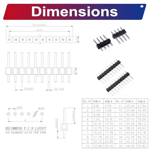 2.54mm Male Pin Header Single Row DIP Connector Kit 2/3/4/5/6/7/8/9/10/12Pin Straight Header Pin (Male-Pin-Single)