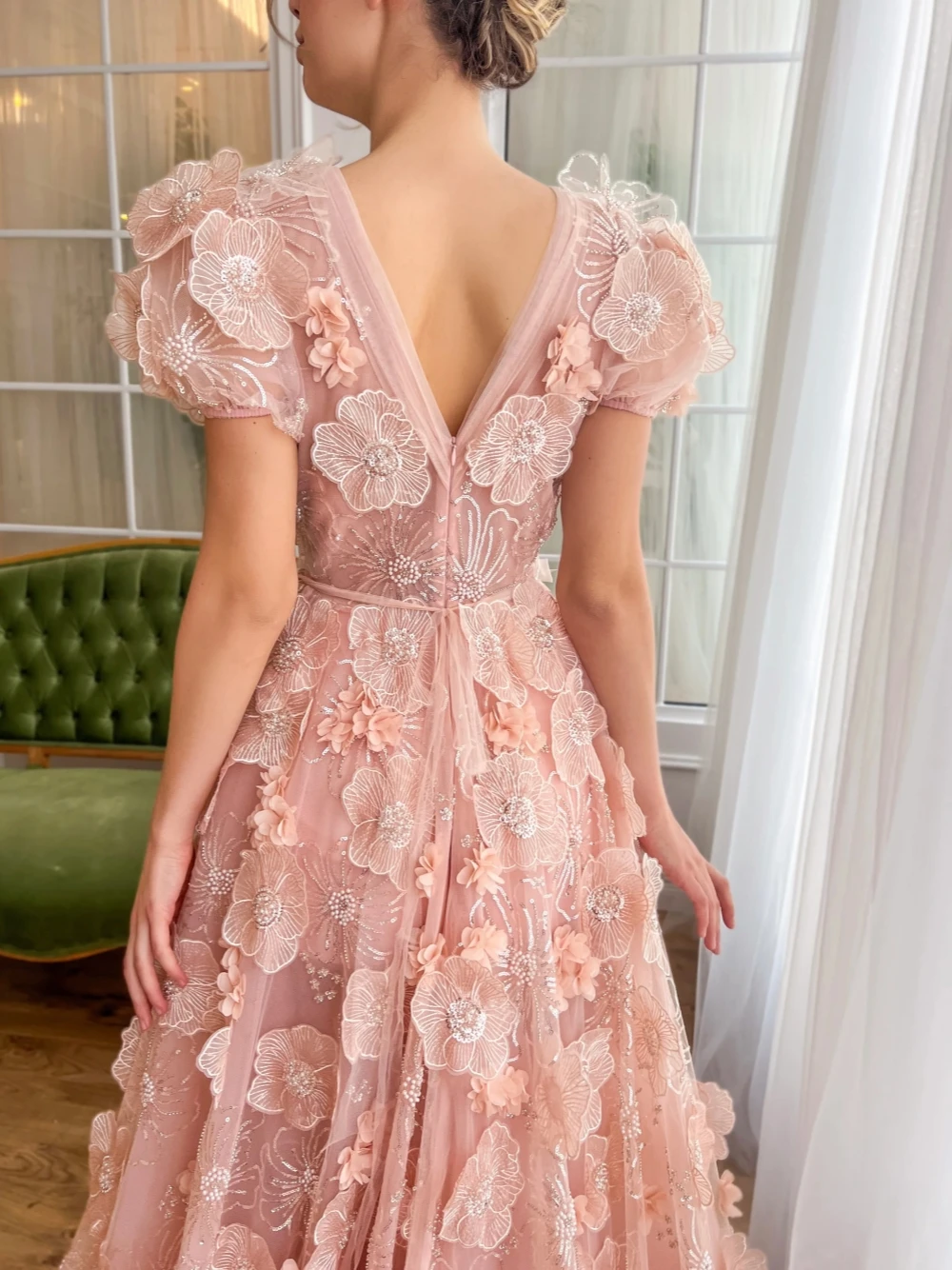 وردة وردي دانتيل 3D زهور الخامس الرقبة فستان حفلة موسيقية اللؤلؤ فساتين السهرة الكوكتيل على شكل حرف A-line المناسبات الرسمية تخصيص النساء حزب ثوب