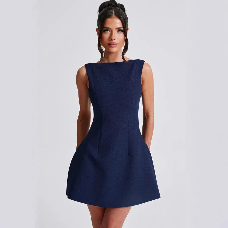 우아한 하이웨이스트 민소매 원피스 여성 여름 패션 배형 허리 조임 달콤한 데이트 심플 스몰 사이즈 원피스