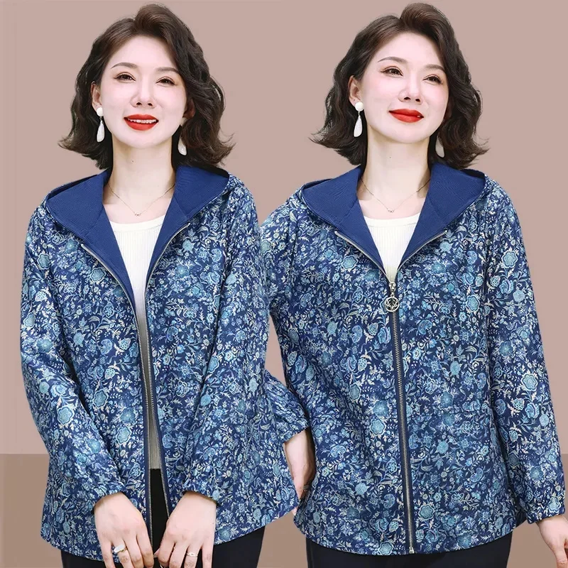 Mãe de meia-idade blusão casaco feminino 2025 primavera outono nova jaqueta com capuz curto impressão outwear estilo ocidental casaco feminino