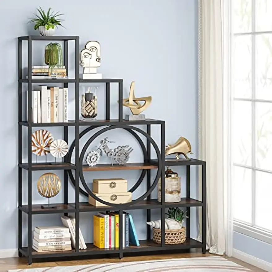 16 Shelves Bookshelf, Industrial Freestanding Ladder Corner Bookshelf 12 Cubes Stepped Etagere Bookcase for Home Office