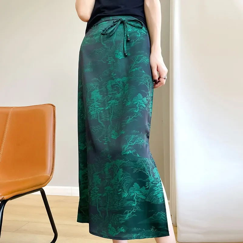 Silk Acetate Satin f Skirt Women's High Waist A-Line Midi Summer Faion Retro Versatile Long Skirt Floral Print Commute S...