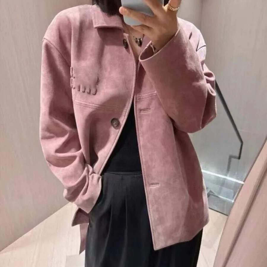 Genuine Leather Jacket Elegant Retro Small Lapel Belt Mid-length First Layer Goat Leather Suede Jacket for Women