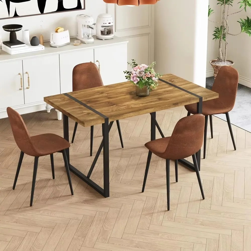 5 Piece Dining Room Table Set for 4 People, Mid-Century Modern 55 Inch Rectangular Wooden Kitchen Table with 4 Fabric Chair Sets