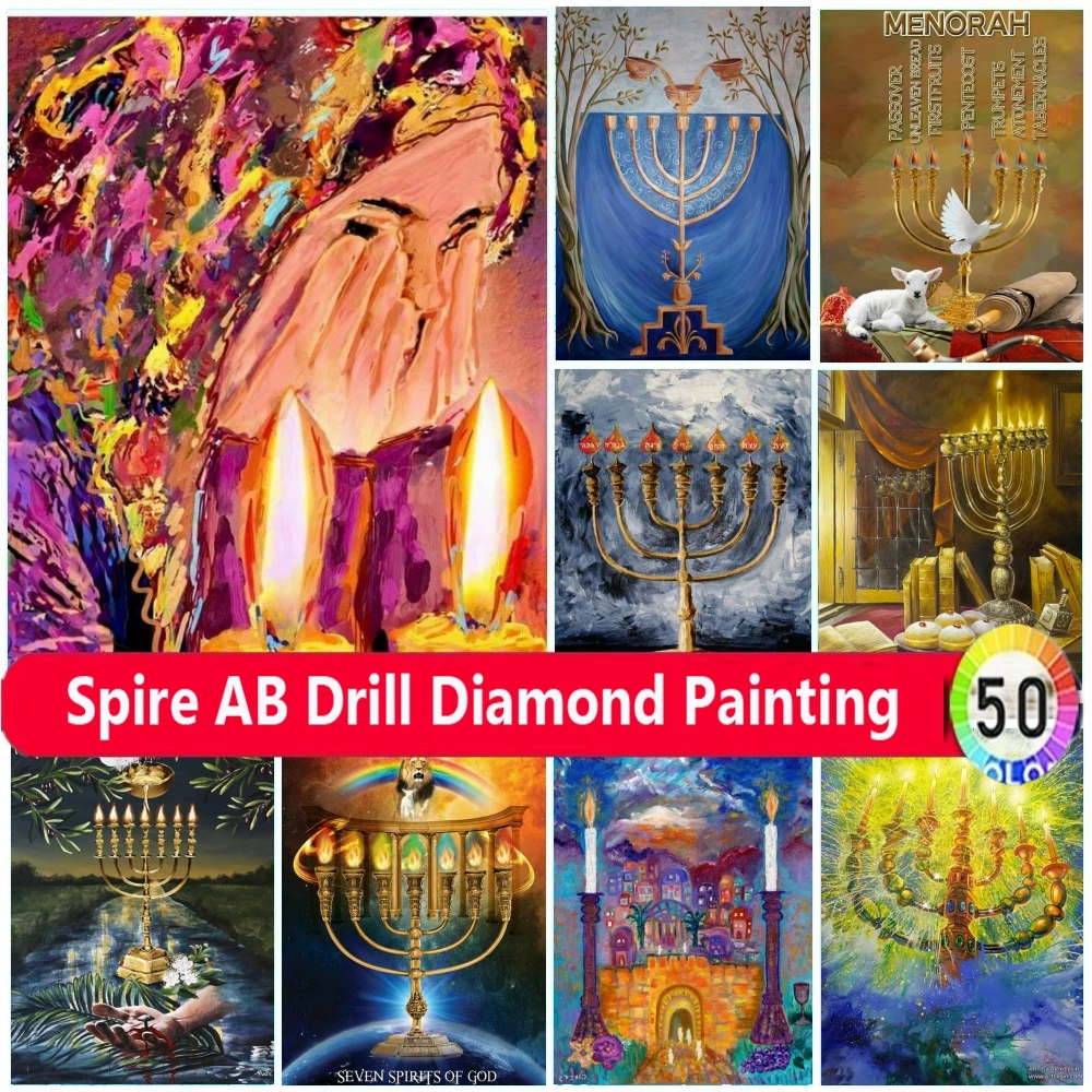 Judaism Shofar Menorah Sparks 5d Diy AB Diamond Painting Kits Embroidery Star of David Jewish Art Mosaic Cross Stitch Home Decor
