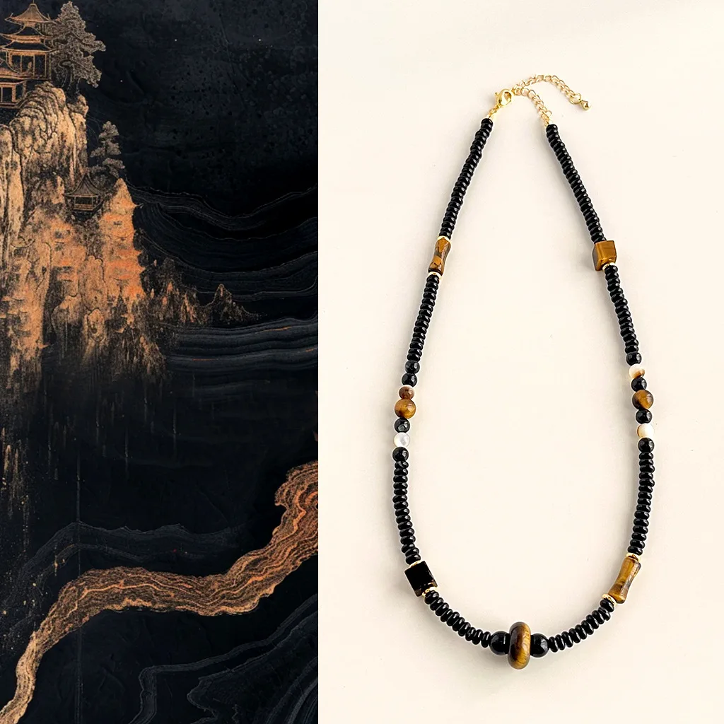 

Handmade Black Natural Stone Tiger Eye Obsidian Bead Chain Short Choker Necklace Vintage Jewelry