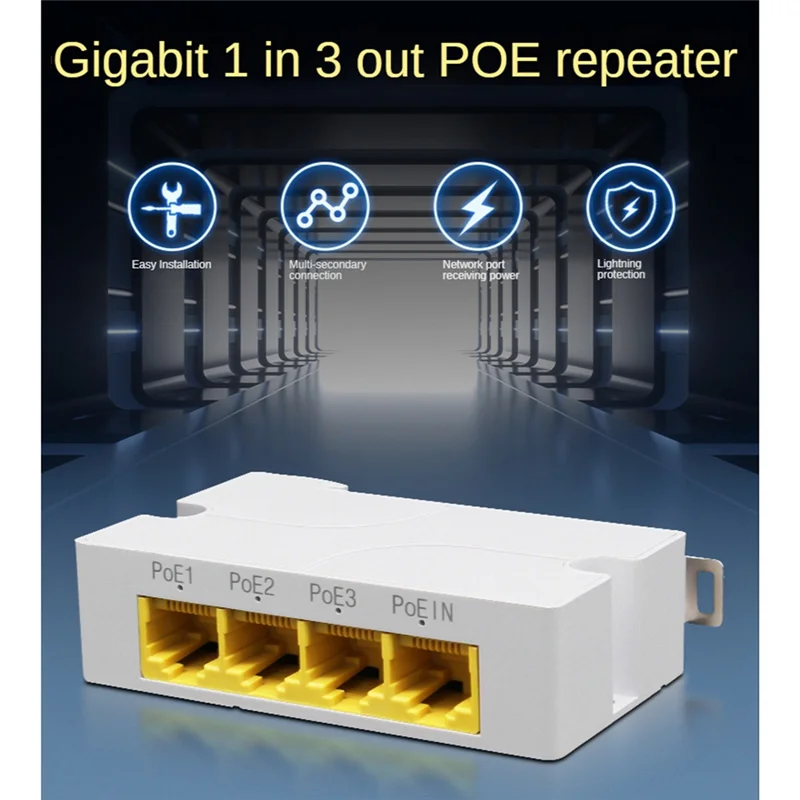 4Port Gigabit POE Extender 1000M 1 to 3 Network Switch Repeater IEEE802.3Af/At Plug&Play for PoE Switch NVR IP Camera AP