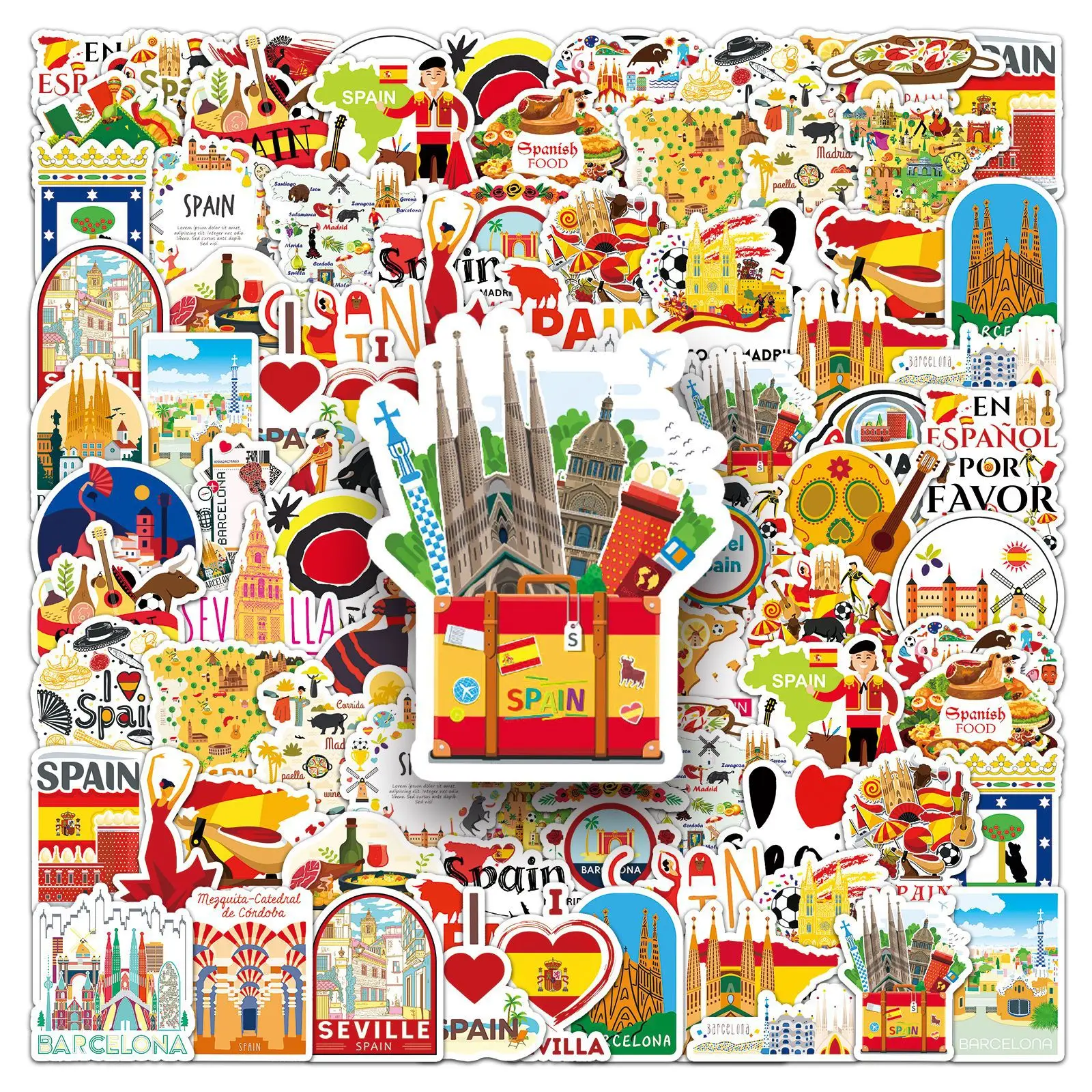 10/30/50PCS Espagne Scenic Spot Autocollants Voyage Dessin Animé Graffiti Autocollant Bagages Ordinateur Portable Téléphone Guitare Voiture Vélo Skateboard Autocollants