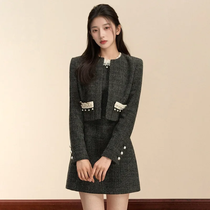 

Women's Short Jacket and A Line Sleeveless Dress Set, Celebrity Suit, Heavy Industry Bead Design, Autumn, 2 Pcs set