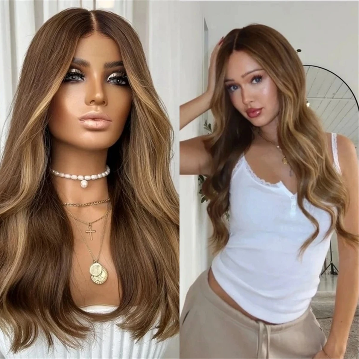 Trendy Ombre Honey Brown Synthetic Lace Front Wigs Blodne Balayage Slightly Wave  Preplucked Realistic Look Wig Daily Party Used