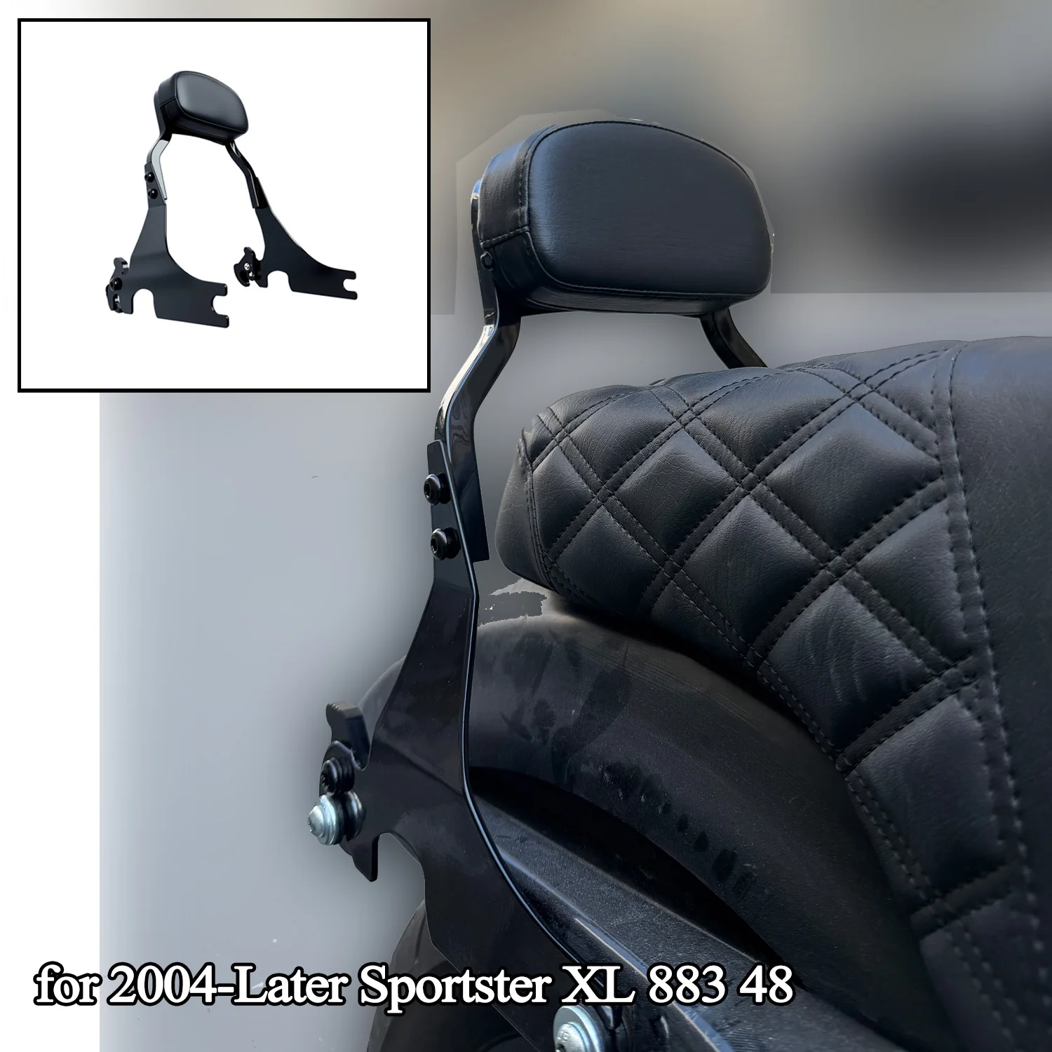 

Quick Release Club style Mini Low Profile Sissy Bar Asembly with Docking Kit for Harley 2004-Later Sportster XL 883 48