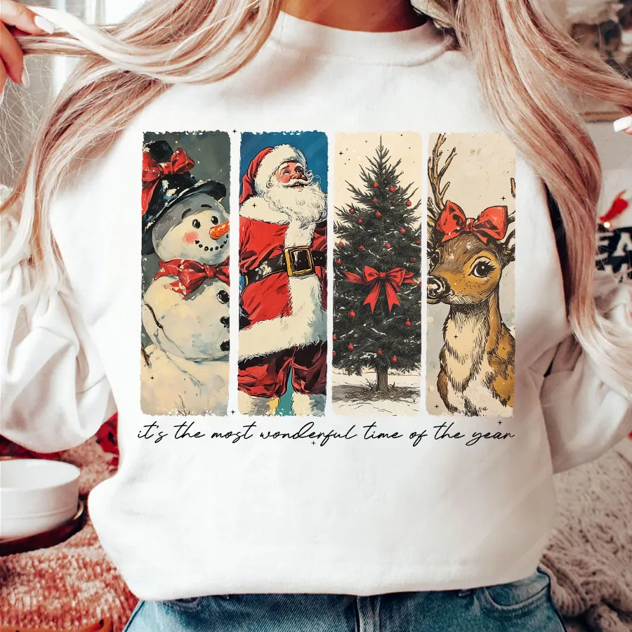 Vintage Christmas Santa Claus Reindeer DIY Iron-On Heat Transfer Sticker T-shirts Sweatshirts Bag Pillowcases Clothing Xmas