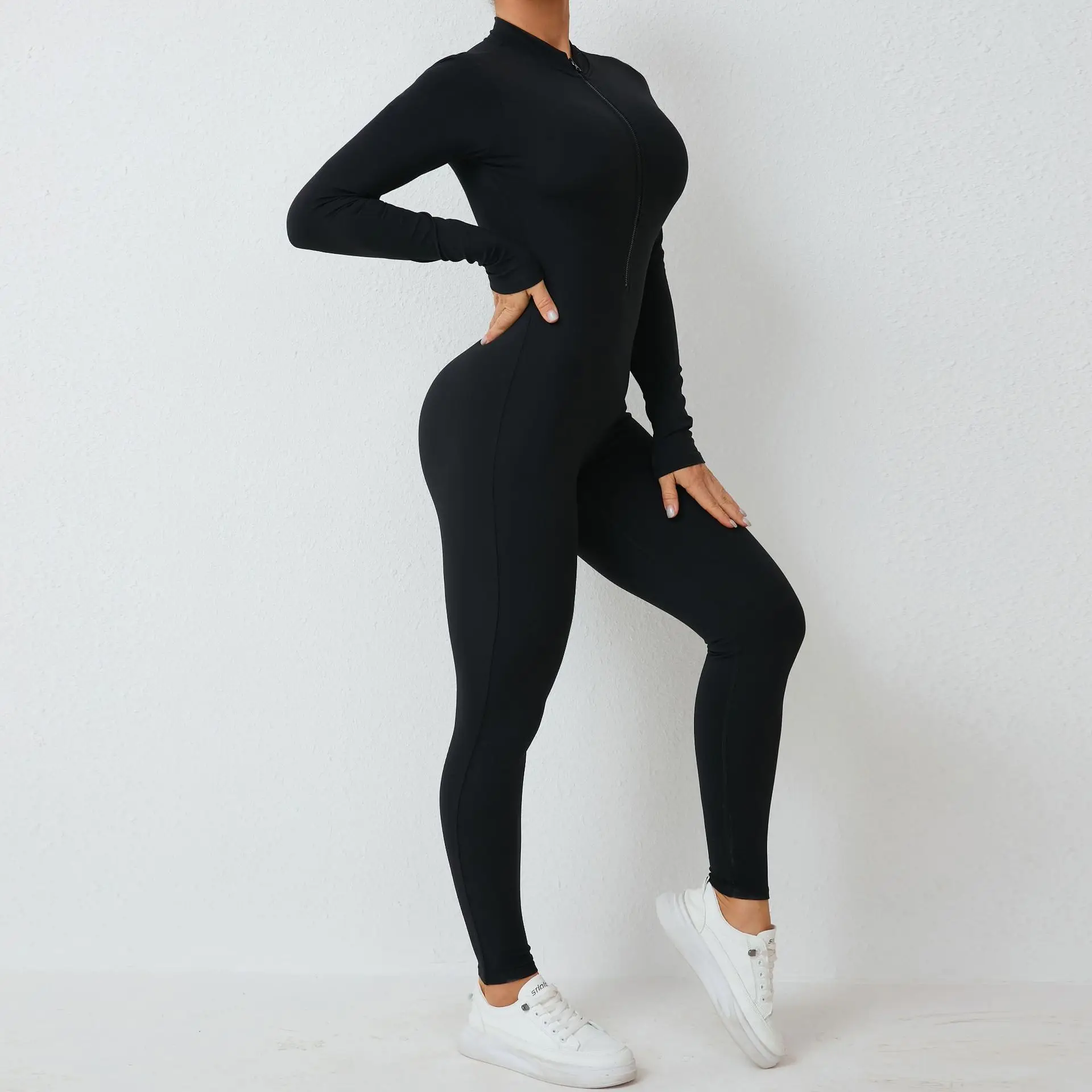 New Nylon Pad Zipper Women Tracksuit Yoga Set One Piece Jumpsuit Workout Scrunch Legging Rompers Sport Gym Active Suit Exercise