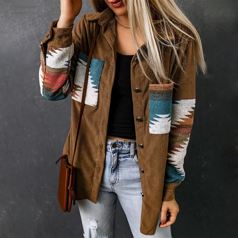 

Shi Ying Women's Aztec Pattern Corduroy Cardigan Jacket Long European And American Style Women's Fashion
