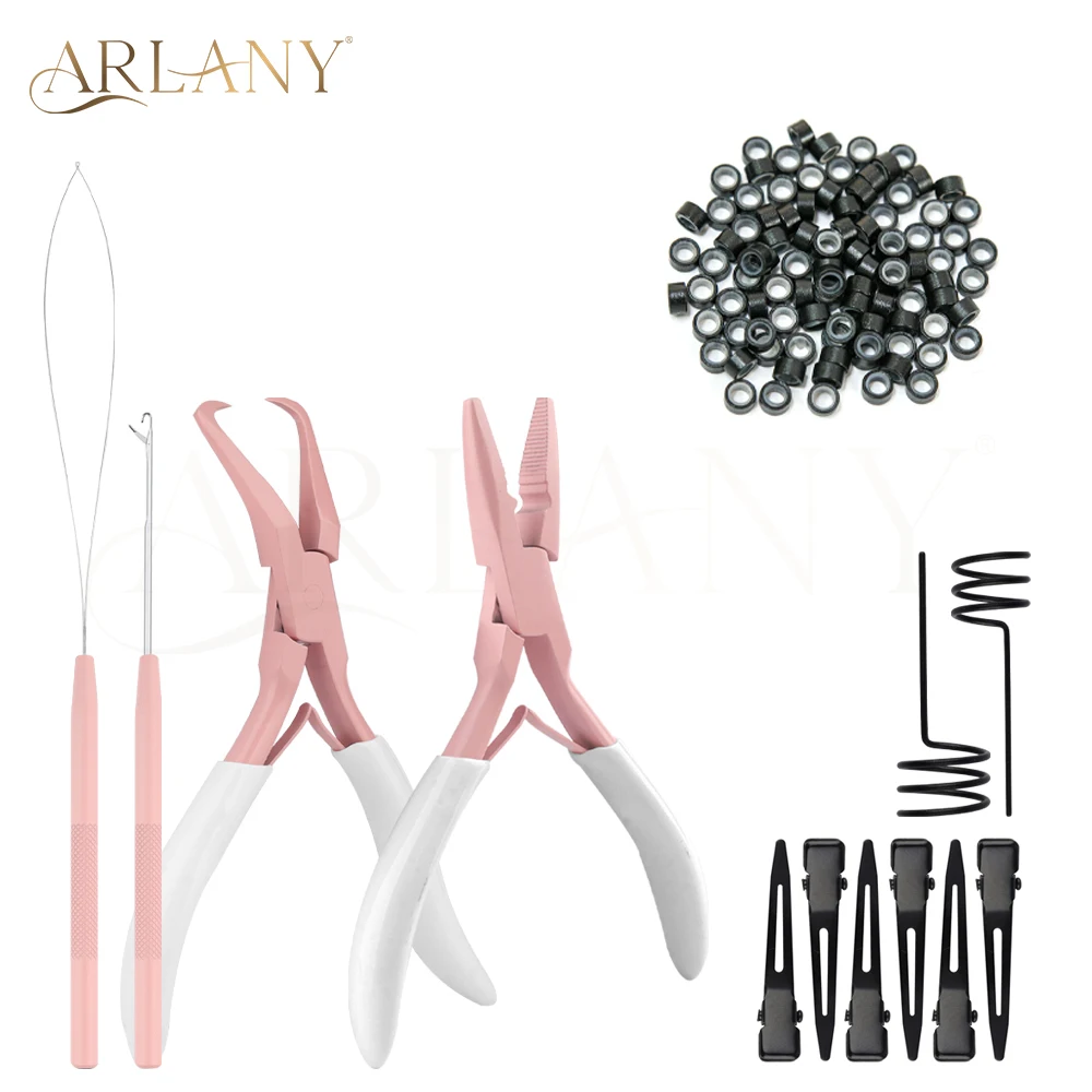 ARLANY Hair Extension Tool Kit Hair ExtensionCloser Pliers with 200Pcs Silicone Micro Beads Rings Integrated Hair Extension Loop