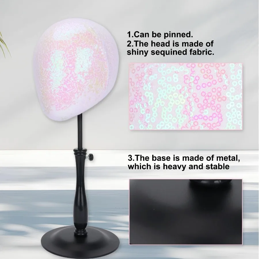 حامل رأس شعر مستعار قابل للتعديل لعرض القبعة والشعر المستعار مع حامل رأس عارضة أزياء لامع يتميز بقاعدة معدنية قابلة للسحب