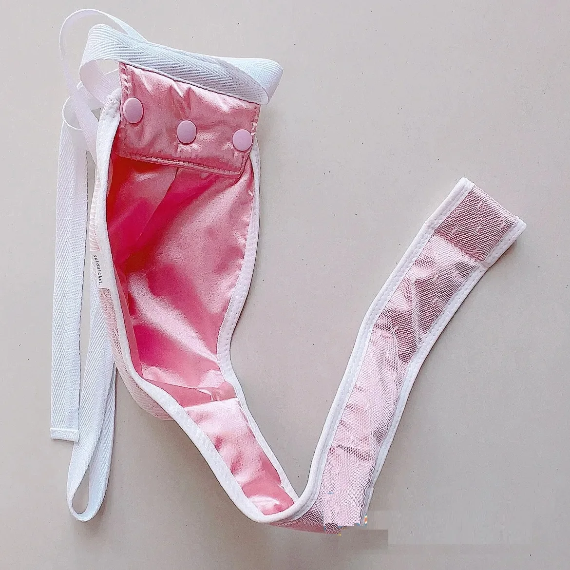 Pink Lace Silky Men Thong Briefs With Snap Convex Pouch low-rise Lace Up T-back Gay G-string Briefs Party BF Gift