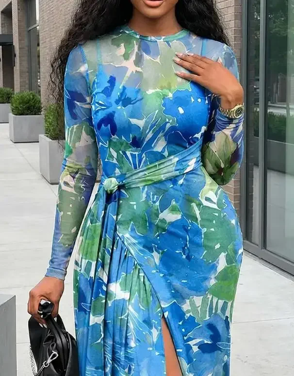 

2 Pieces Outfit Floral Print Long Sleeve Tie Waist High Slit Sheer Mesh Maxi Dress Female V-Neck Adjustable Spaghetti Dresses