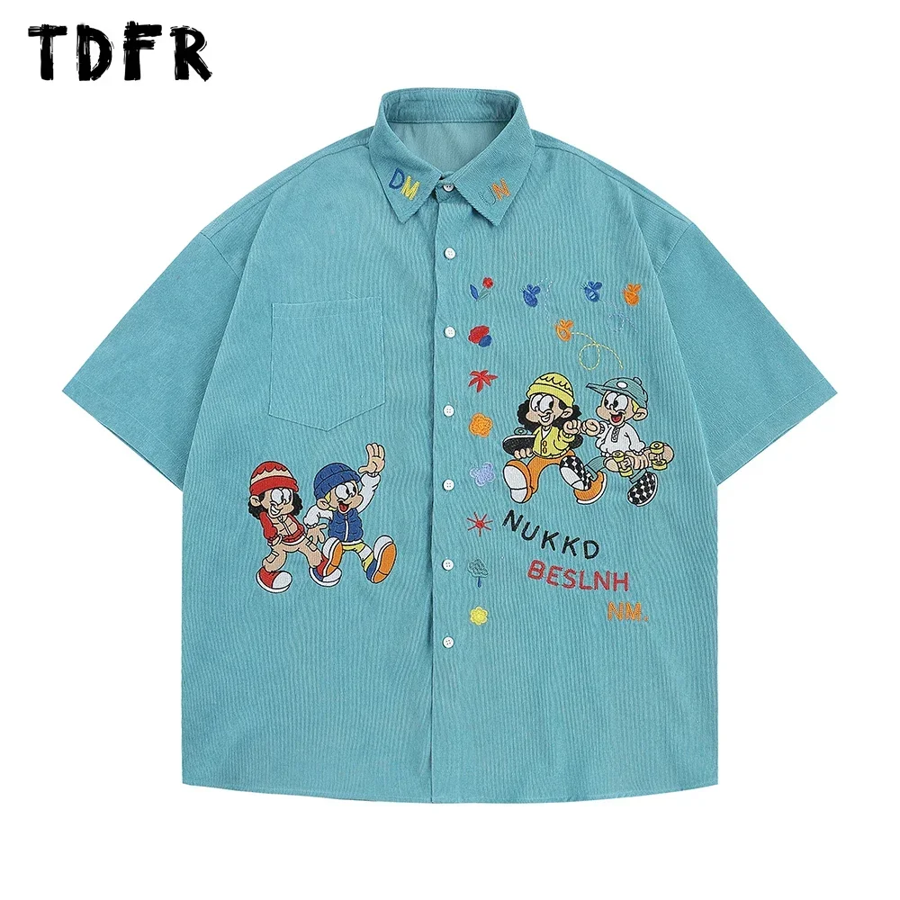 Cartoon Embroidery Cargo Shirts Mens Summer Retro Casual Streetwear Lapel Single Breasted Short Sleeve Shirts Men