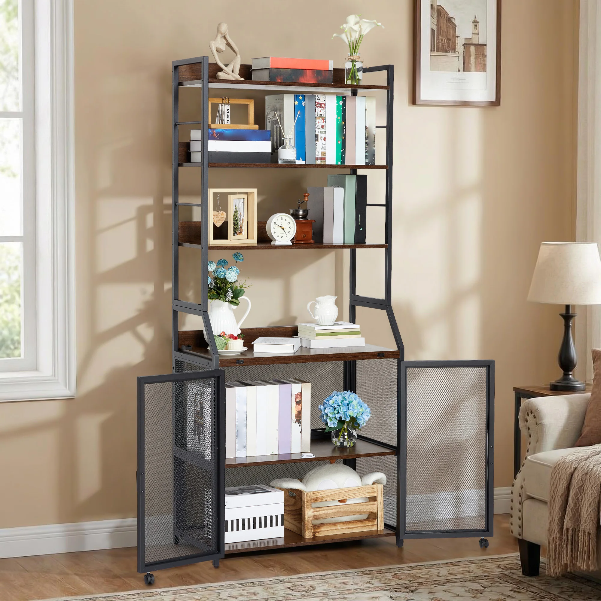 Industrial Bookshelf Desk with 6-Tier Storage for Living Room | Metal & Wood Home Office Workstation, Space-Saving Floor Standing Bookcase ﻿