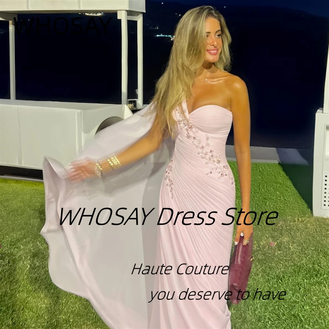 WHOSAY Pick Ups Chiffon Prom Dresses with Flutters One Shoulder Evening Gowns Beaded Wedding Party Special Dress Customized