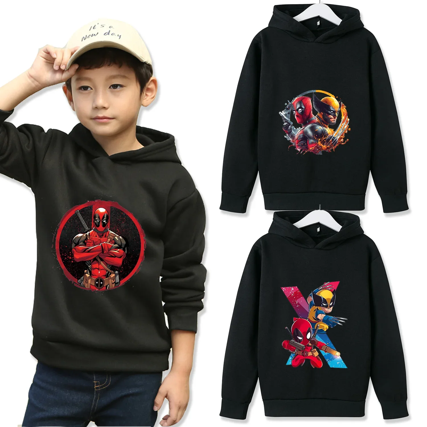 Deadpool Wolverine Hoodie for Children Black Sweatshirt Hooded Clothes Winter Thick Tops Kids Boys Warm Clothing Birthday Gifts