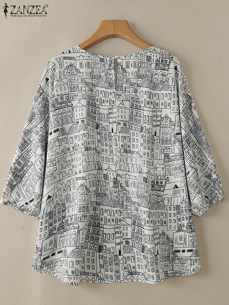 ZANZEA 2025 Frauen Koreanische Mode Gedruckt Bluse Herbst 3/4 Hülse Blusas Urlaub Oansatz Tops Femininas Beiläufige Lose Tuniken