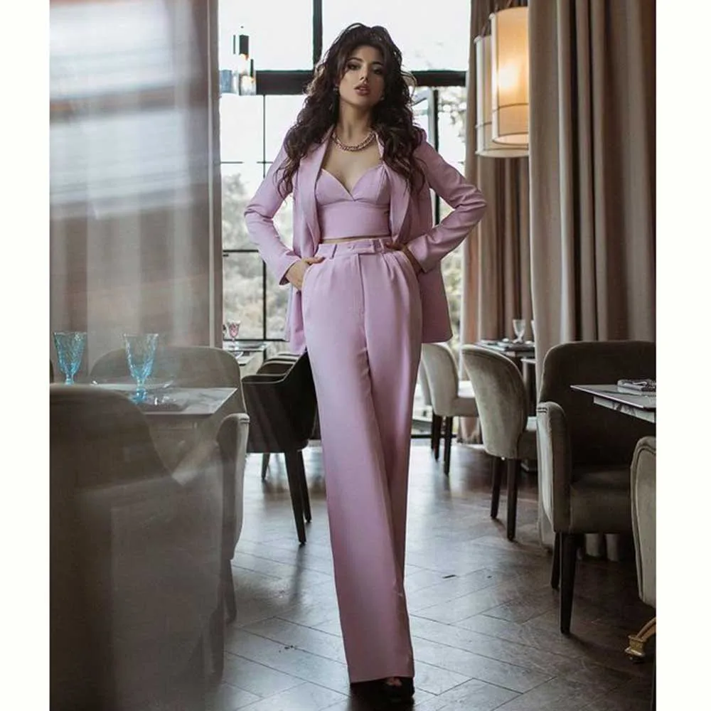 

Fashion Chic Pink Suit for Women Notch Lapel Two Piece Jacket Pants Female Clothing Slim Fit Elegant Office Lady Blazer Set