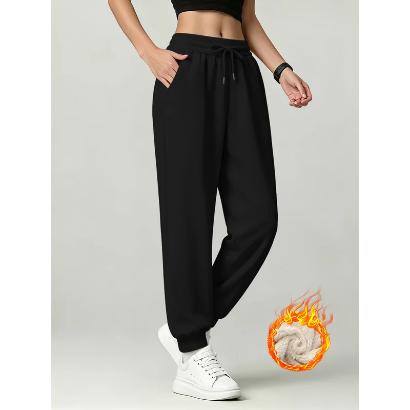 Women Fleece Lined Jogger Pants Elastic Drawstring Waist Warm Sweatpants Loose Casual Trousers with Pockets