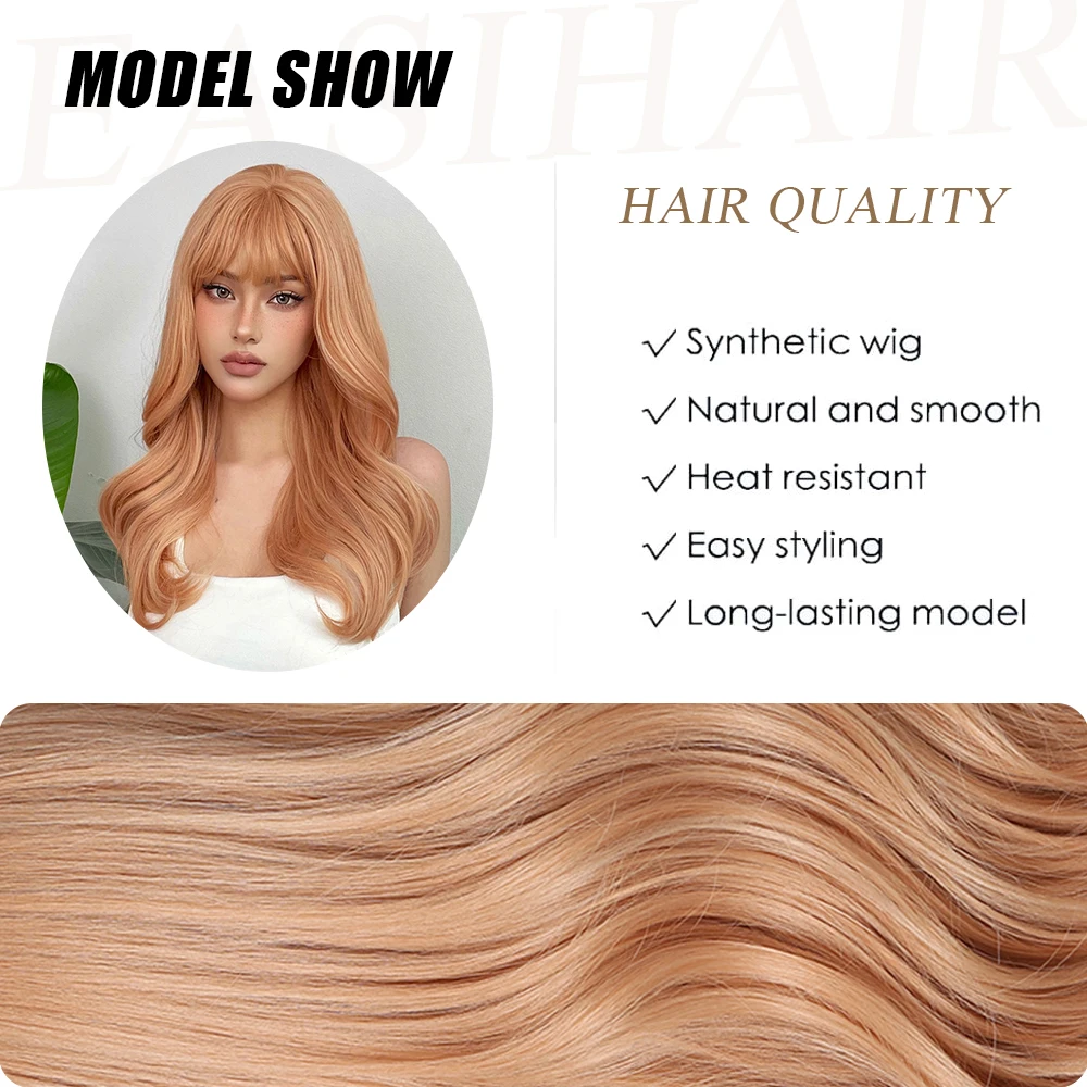 EASIHAIR Light Orange Synthetic Wigs Long Wavy Ombre Natural Hair Wigs with Bangs for Women Cosplay Lolita Wig Heat Resistant