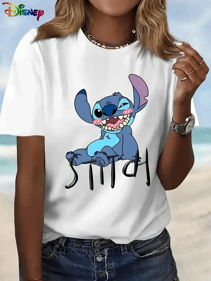 

2025 Disney Pattern Printed Women's Casual Comfortable Unique Smiling Face Black Round Neck Short Sleeve T-shirt