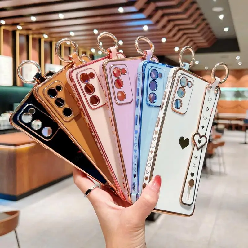 Electroplated Soft Case For Samsung Galaxy S23 S24 Ultra S20 S23 FE A55 A53 A54 5G Love Heart Wrist Strap Silicone Phone Cover