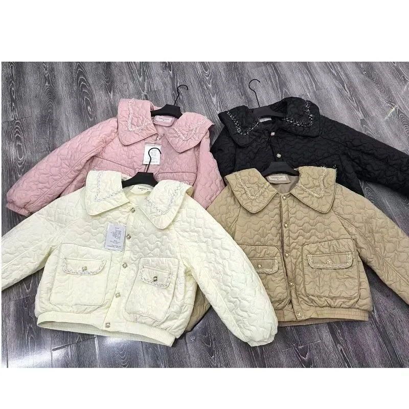 Krótka, lekka kurtka bawełniana wyszczuplająca, zimowa, modna, z kołnierzykiem typu doll collar, dla kobiet, studentek, nowy styl, mały rozmiar, damska bluzka.