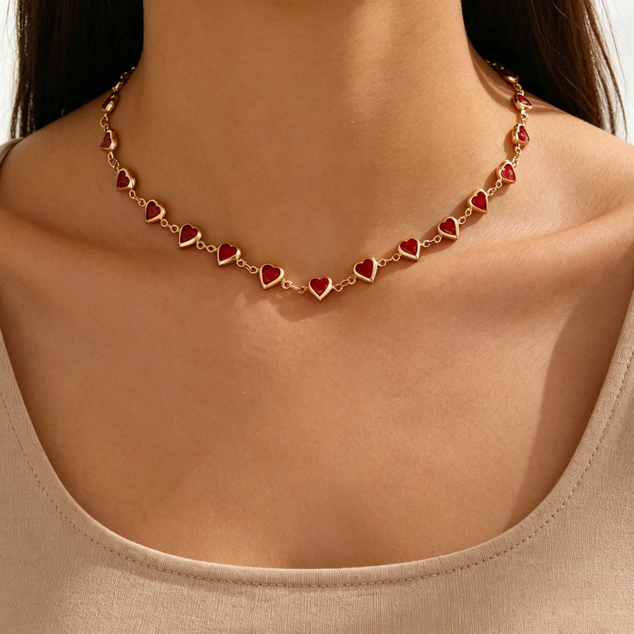 Vintage Minimalist Enamel Heart Chain Choker Allover Mini Heart Bead Necklace Adjustable Dainty Women Holiday Daily Wear Jewelry