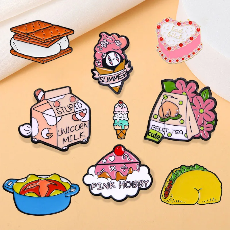 New food cake cartoon brooch men and women personality with clothing accessories ice cream hamburger enamel badge waist pins