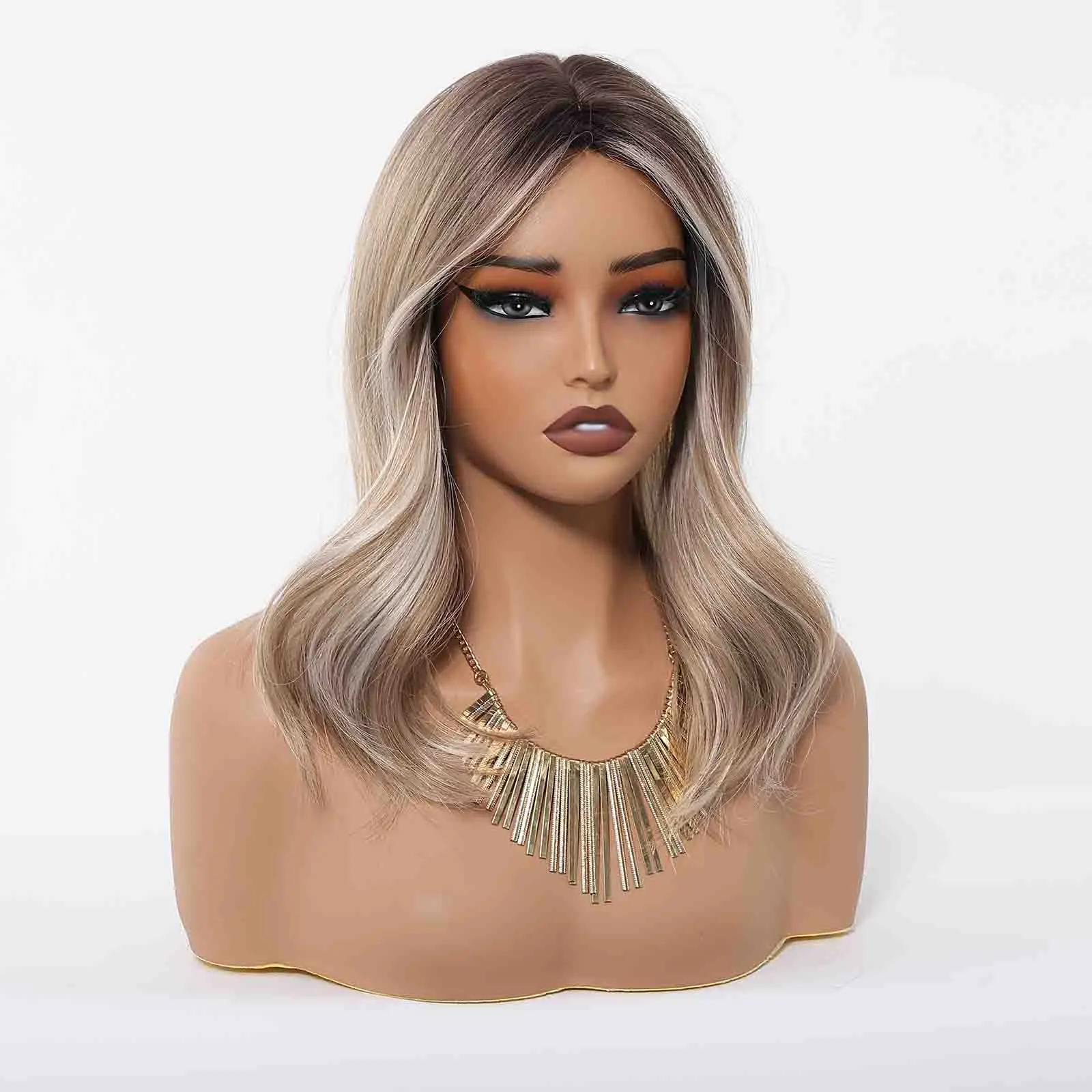 Blonde Brown Highlights Wigs Medium Length Natural Wavy Wig Middle Part Synthetic Hair Heat Resistant For Women Daily Cosplay image 5