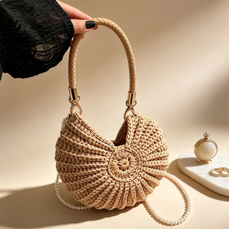 Handmade Crochet Conch Shell Bag for Women Large Capacity Woven Handbag Crossbody & Top Handle Shoulder Bag Finished Product