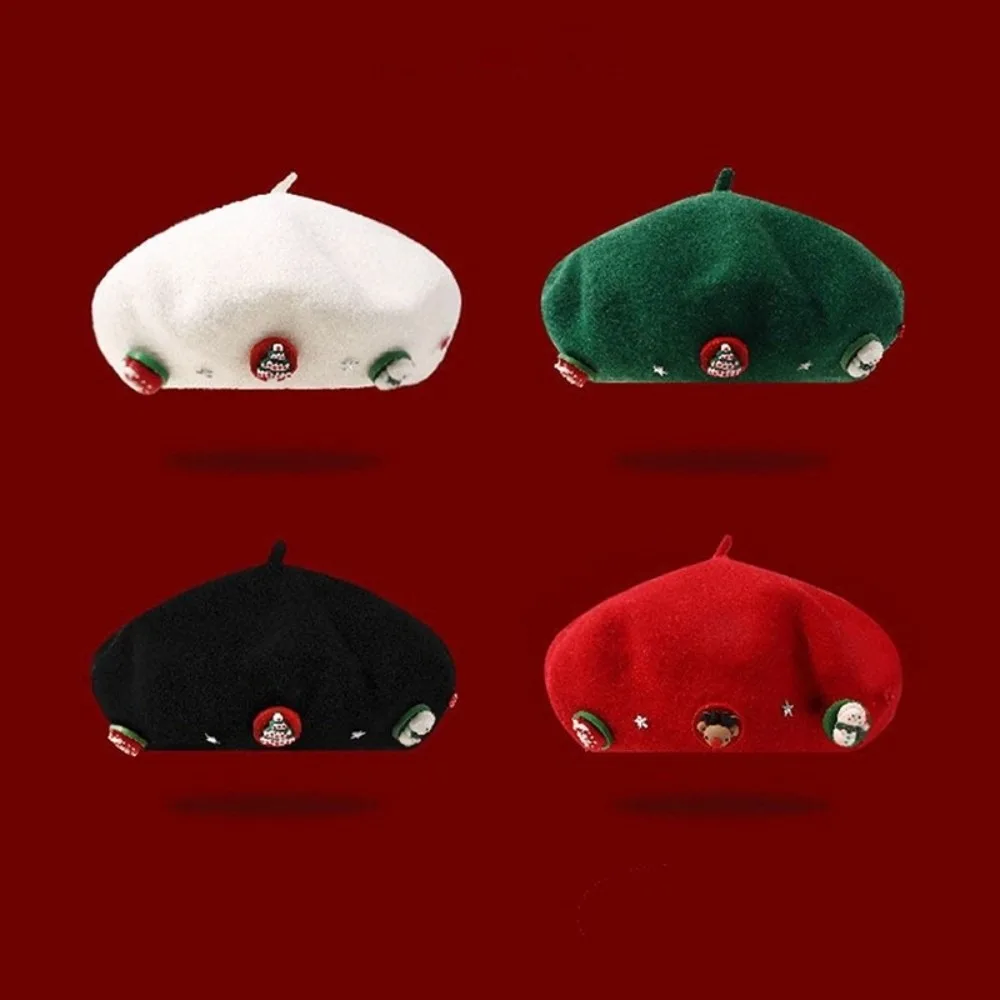 

Newsboy Cap Woolen Christmas Beret Star Christmas Tree Wool Beret Warm Solid Color Octagonal Hat Winter
