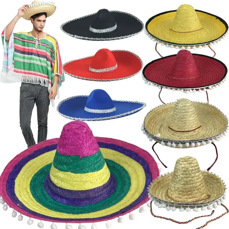 1pcs Handmade Mexican Straw Hat with Pompom Ideal for Cosplay Costume and Carnival Party