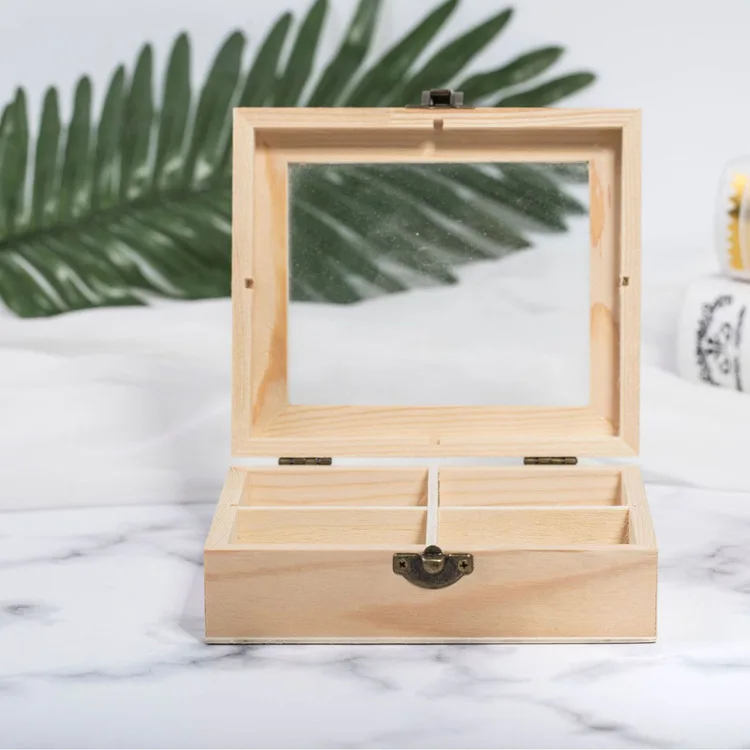 Solid Wood Four-Grid Glass Storage Box, Terrarium Plant Grid Display Case, Home Decor Wooden Tea Box & Multipurpose Organizer