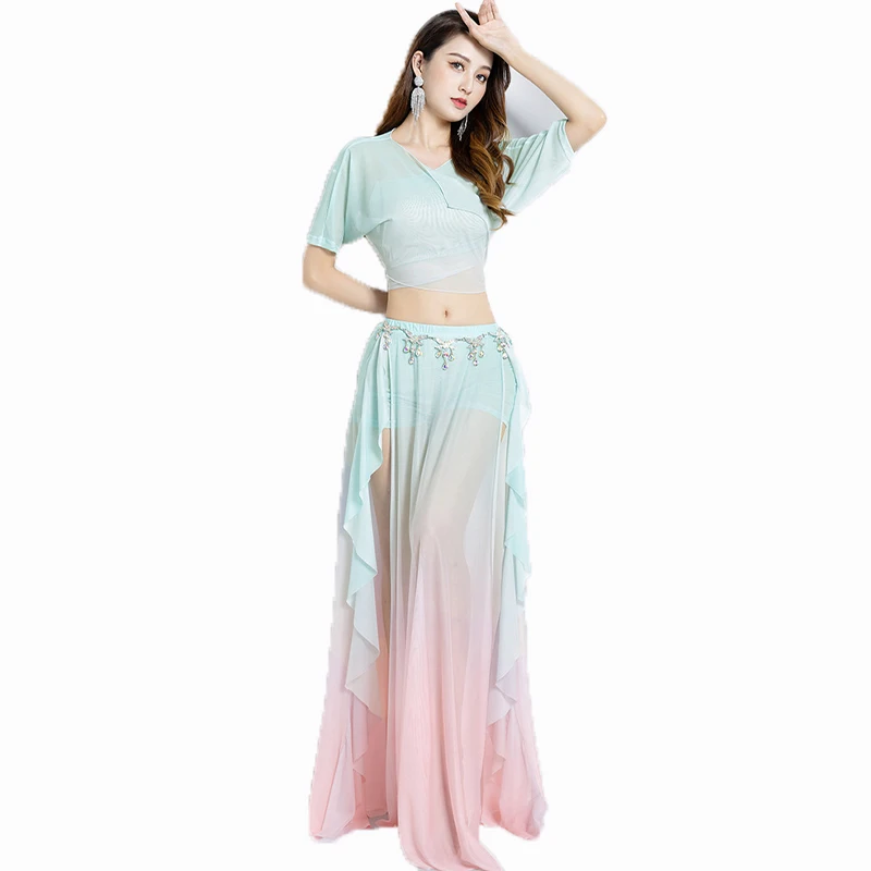 New Belly Dance Practice Set Women\'s High-end Gradient Mesh Without Belt Oriental Dance Performance Stage Performance Dress Suit