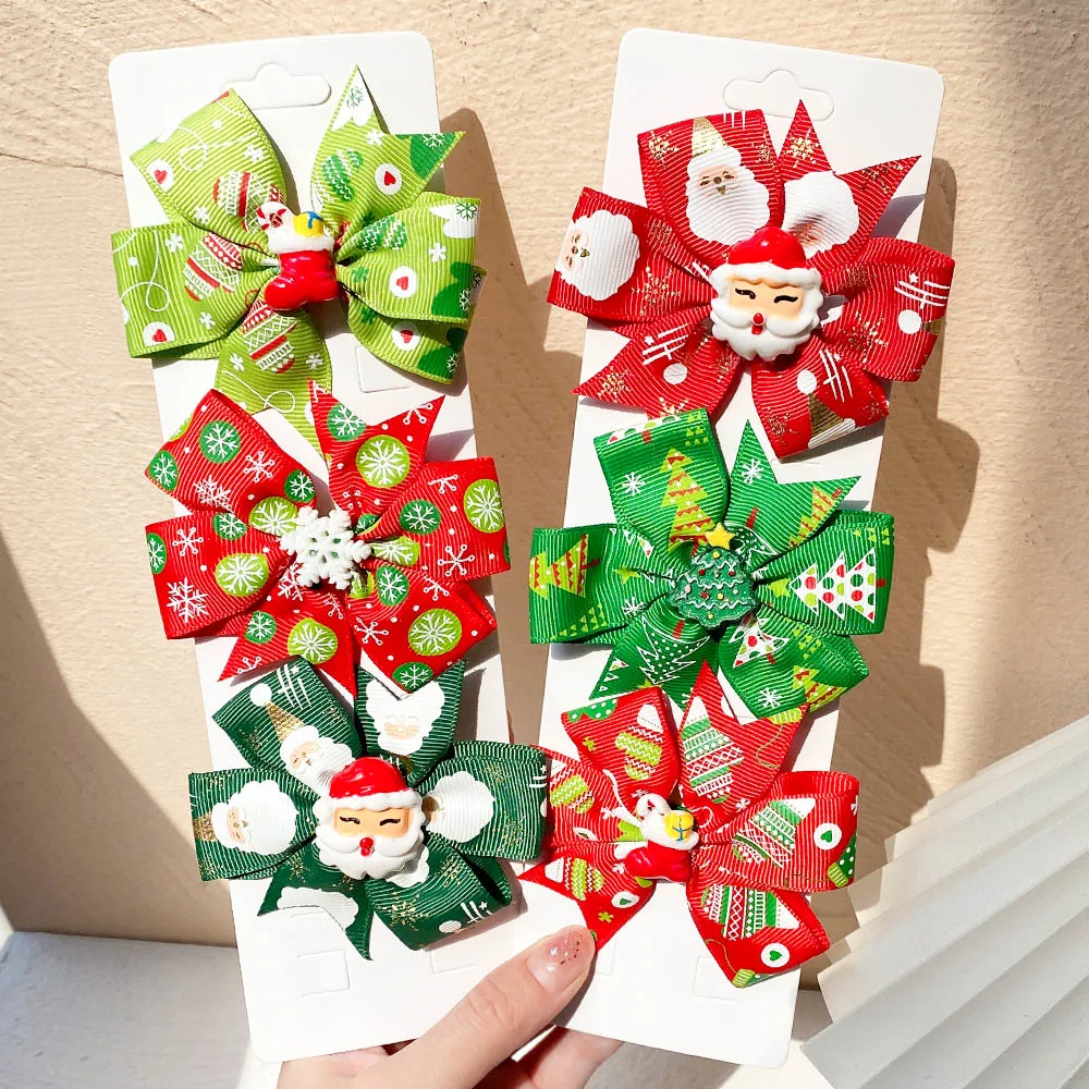 

4pcs/set 3.15'' Grosgrain Ribbon Christmas Hair Bows Clips for Baby Girls Cute Snowflakes Printed Hairpin Cheer Headwear Gift
