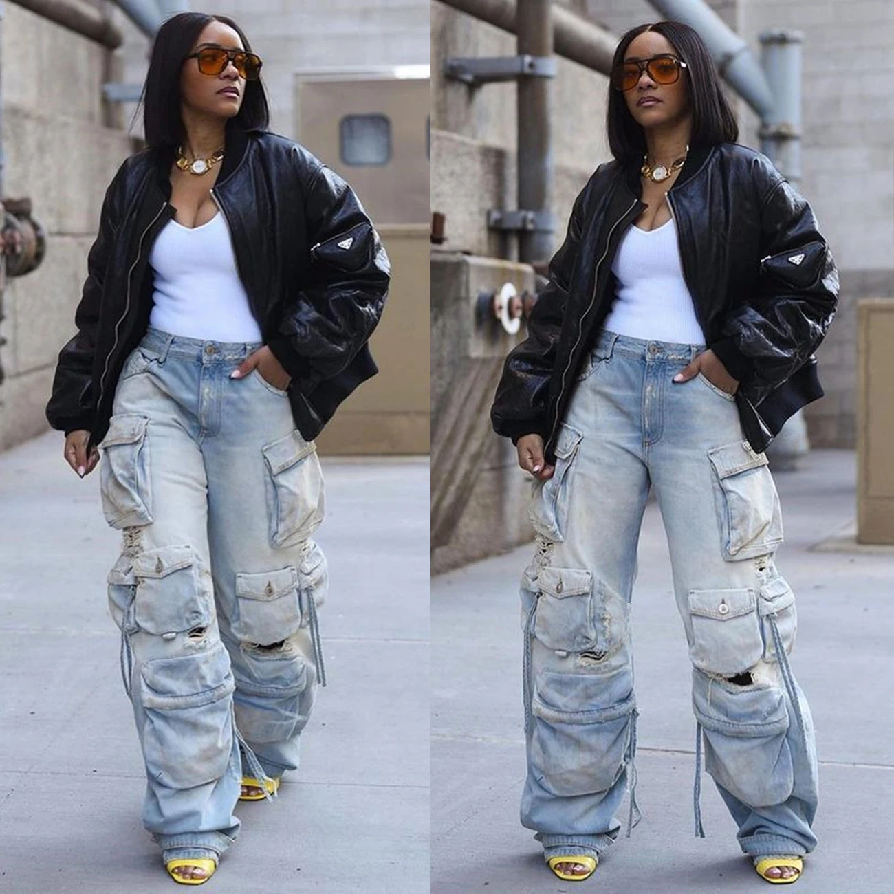 Baggy Denim Pocket Pants Jeans High Waist Cargo Y2K Streetwear Fashion 2024 Women Summer Clothes Trousers Denim Wide Leg Pants