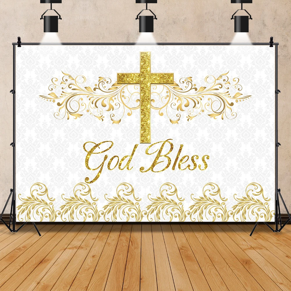 

God Bless Golden Cross First Communion Photographic Background Baby Shower Portrait Custom Poster Family Party Decor Backdrops