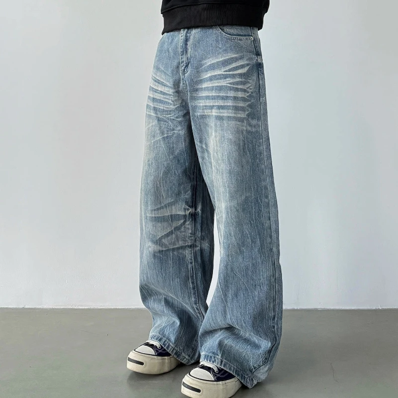 Fashion Retro Jeans Wide-leg Blue Men's Casual Loose Straight Denim Pants XXXL Trousers Bottoms Moustache Effect