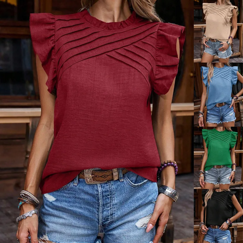 2025 Summer New Shirts Women Fashion O-Neck Sleeveless Elegant Ruffles Loose Blouses Spring Casual Solid Color Ladies Black Tops