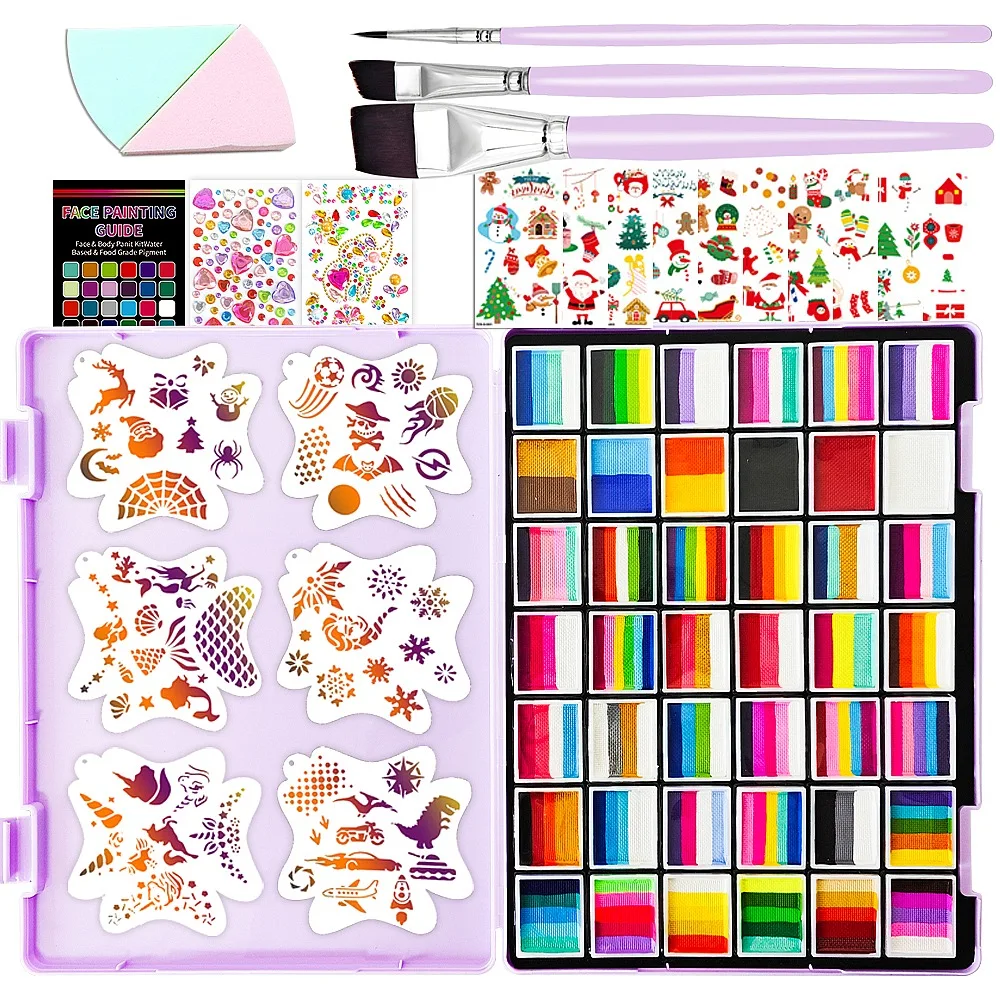 Children's Body & Face Painting SuppliKit 64-108 Pcs Stencils Stickers BrushSplit Cake Glitter Bulk Complete Kit