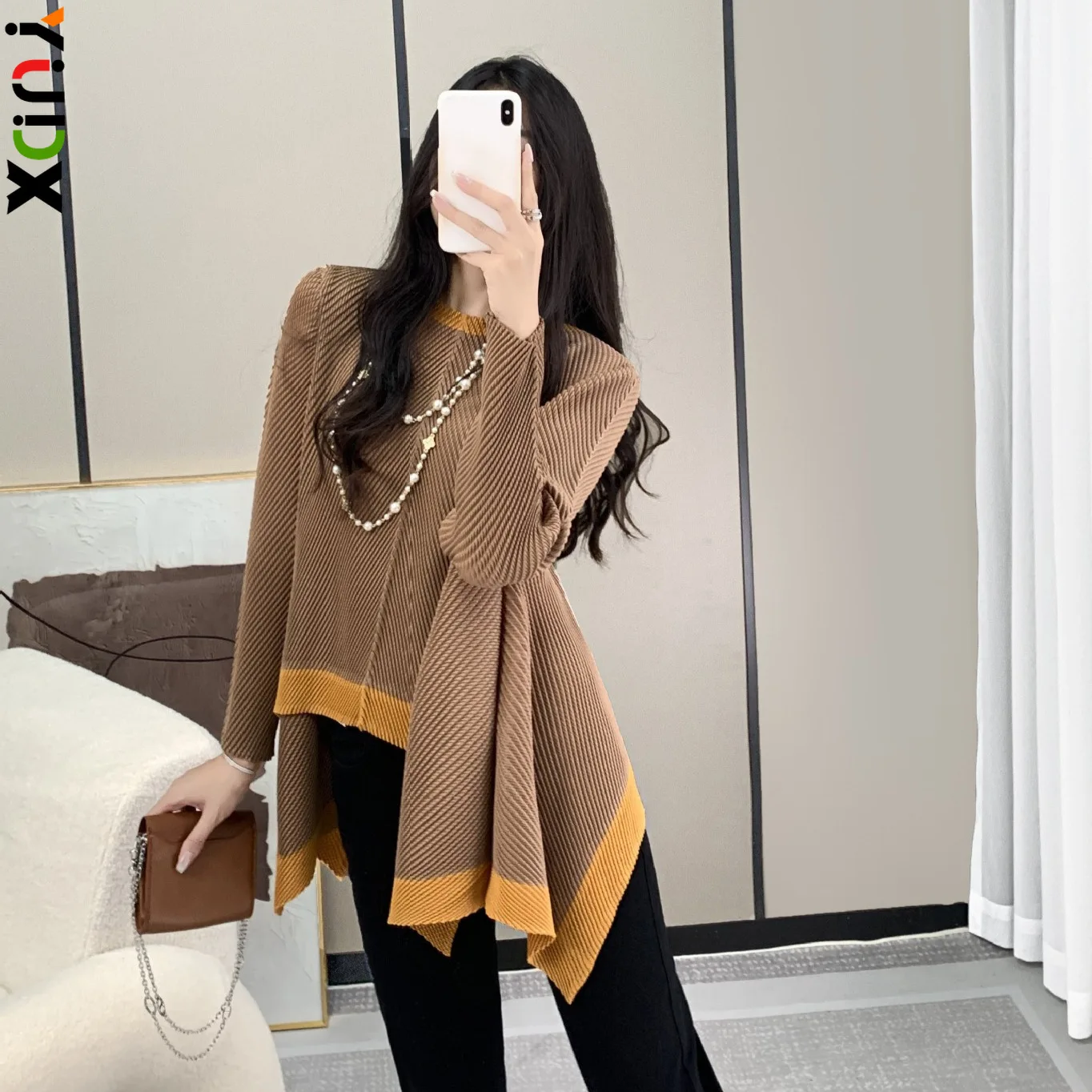 YUDX Pleated Women's Tops New Solid Color Fashion Casual Leisure Long Sleeve T-Shirt 2024 Autumn New