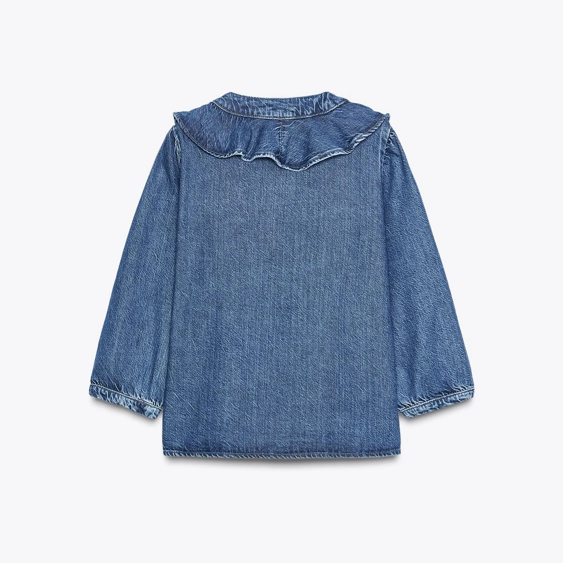 بلوزة ريترو V-Ne طويلة Sve مع حواف كشكش متعددة الطبقات من قماش الدنيم للنساء لخريف 2025 بوليستر فضفاض غير رسمي