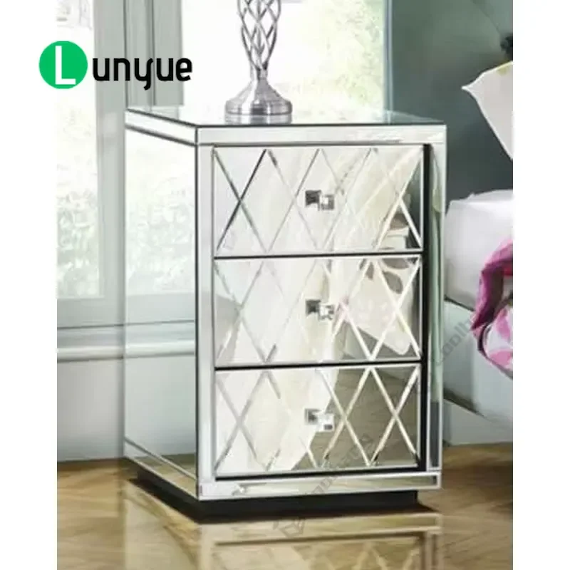 Modern Mirrored Bedside Table with 3 Drawers Nightstand for Bedroom Home Furniture Storage Decor